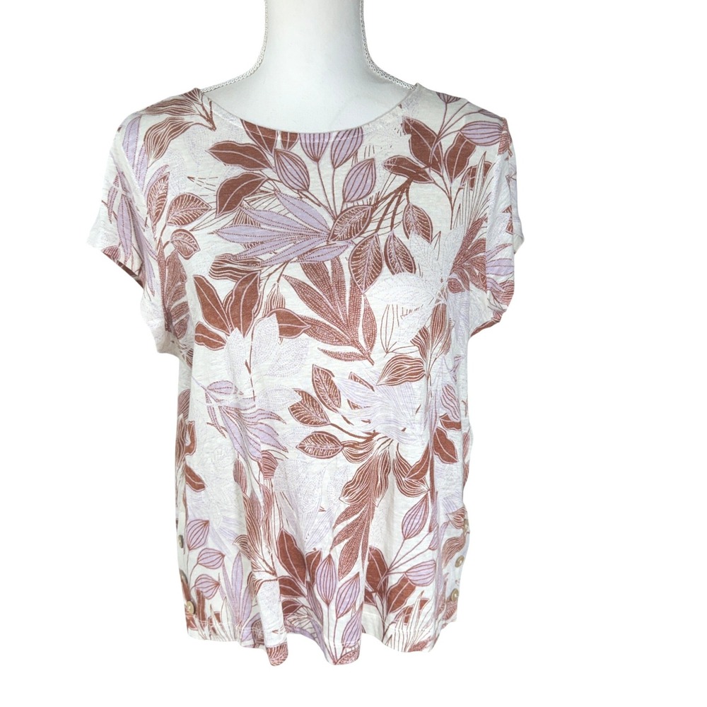 Tahari Womens 100% Linen Botanical Leaf Print Top Brown Lavender Size L